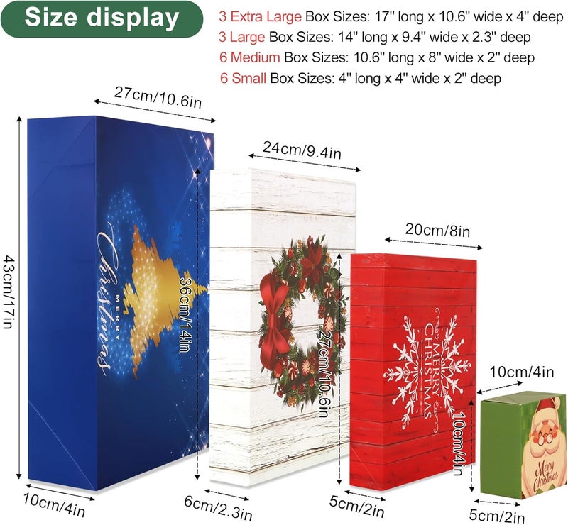 Giiffu 18 Christmas Cardboard Gift Boxes with Lids, 12 Designs and 4 Sizes with Gift Stickers, Assorted Size Xmas Decorative Gift Boxes for Wrapping Robes, Sweater, Shirt, Clothes, Holiday Present - Image 3